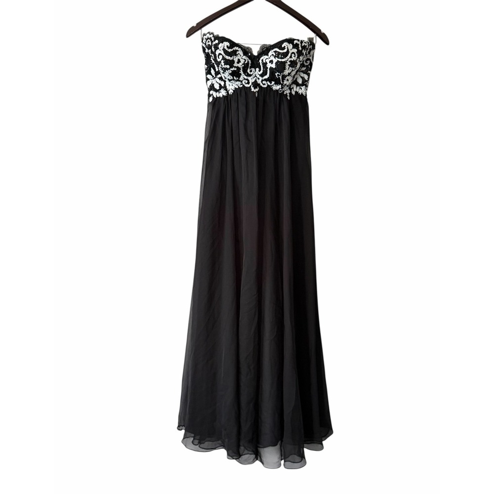 La Femme Black White Sequin Top Strapless Prom Dress Ball Gown Formal Flowy Sz 0